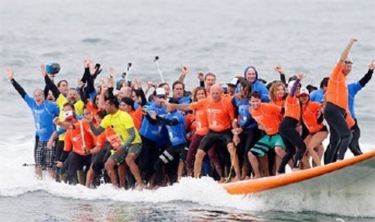 最多人乘同一沖浪板 在沖浪圣地亨廷頓海灘66人同時沖浪