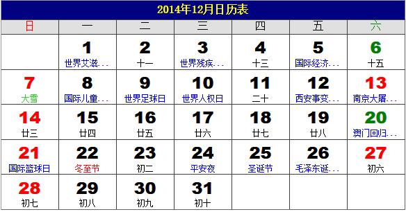 2014年12月日歷表，2014年老黃歷，2014年12月日歷，農(nóng)歷甲午年(馬年)12月日歷