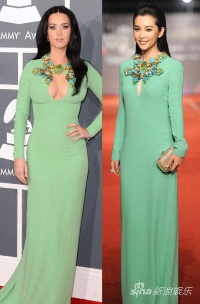水果姐Katy Perry撞衫李冰冰，李冰冰調(diào)侃中西方女性的差別：隔著事業(yè)線(圖)