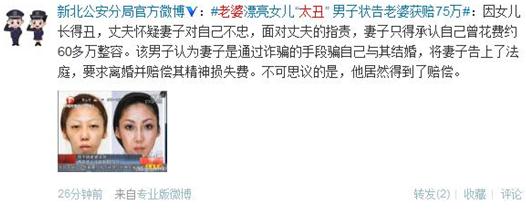 【老婆太丑】老婆漂亮女兒太丑，男子告整容老婆獲賠75萬(wàn)，是整容醫(yī)院炒作嗎