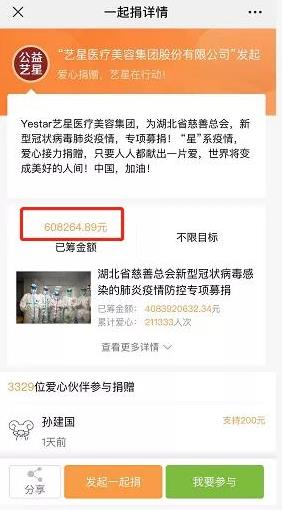 杭州藝星整形醫(yī)院報(bào)道：藝星集團(tuán)19城聯(lián)動(dòng)，23家機(jī)構(gòu)近4000人捐款160萬(wàn)支援武漢戰(zhàn)疫